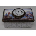An enamel box, the cover decorated a landscape and inset a watch movement, 10 cm wide