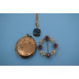 A 9ct gold and gem set brooch, 3.4 g (all in), a 9ct gold chain, 3.3 g with an opal pendant, and a