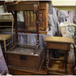 An 18th century oak bible box, 54 cm wide, a mahogany sideboard, an oak hall cupboard, three chairs,
