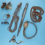 A silver cased pencil, a gold plated lady's watch, and other costume jewellery