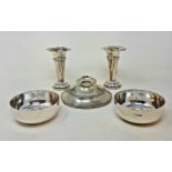 A pair of George V silver bowls, Sheffield 1917, 7.0 ozt, a pair of posy vases, and an inkwell,