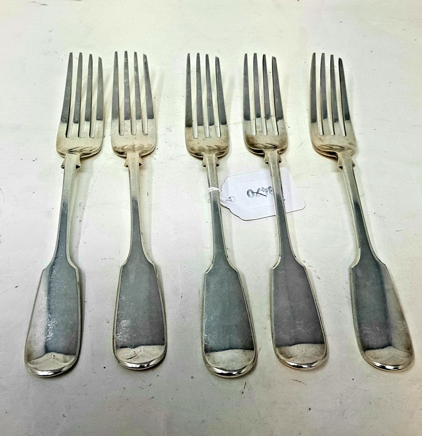 A set of five Victorian silver fiddle pattern table forks, initialled, 11.9 ozt