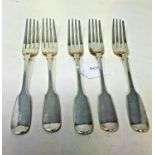 A set of five Victorian silver fiddle pattern table forks, initialled, 11.9 ozt