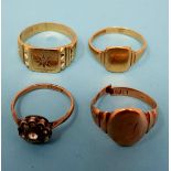 A 9ct gold signet ring, cut, two others, 10.8 g, and a dress ring (4)