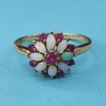 A 9ct gold ruby and opal flower cluster ring, ring size R