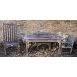 A teak garden table and three garden chairs (4) Table top 153 cm x 82 cm