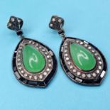A pair of cabochon jade, diamond and onyx pear drop earrings