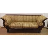 A 19th century mahogany sofa, with scroll arms, 220 cm wide Top rail loose and will come off, fabric