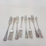 A set of six George III old English pattern table forks, London 1798, and two others London 1810, 16