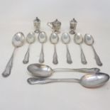 Three George V silver serving spoons, six matching tablespoons, six table forks and six dessert