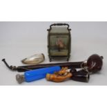 A Meerschaum pipe, carved two horses, a set of four brass bell weights, and other items (box)