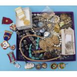 A paste set floral brooch, various costume jewellery, and a collection of Masonic medals and