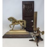 A brass doorstop in the form of a horse, various other metalwares and other items (4 boxes)