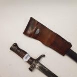A bayonet with scabbard, 52.5 cm and and a leather hanger stamped E Braunsohweiler Sattler