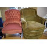 A 19th century button back chair, on turned mahogany feet, and an armchair (2) Green chair has