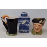 A Rington's blue and white tea caddy, a Carlton Ware Guinness Toucan jug, Royal Doulton character