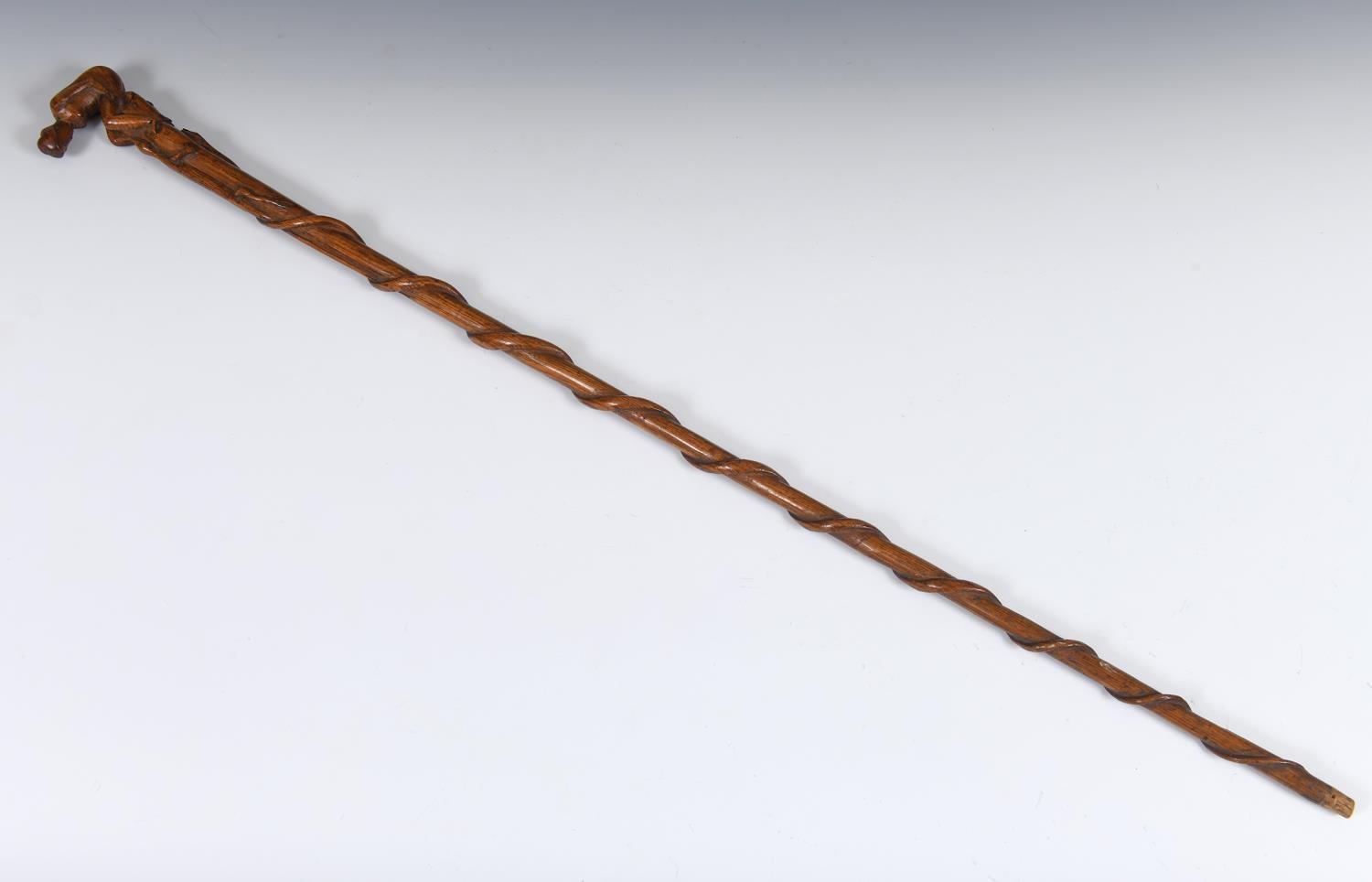 A 19th century folk art walking stick, the handle carved in the form of a naked woman crouched - Image 2 of 2