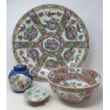A Cantonese bowl, decorated birds and flowers, two ginger jars, a blue and white teapot, bowl and