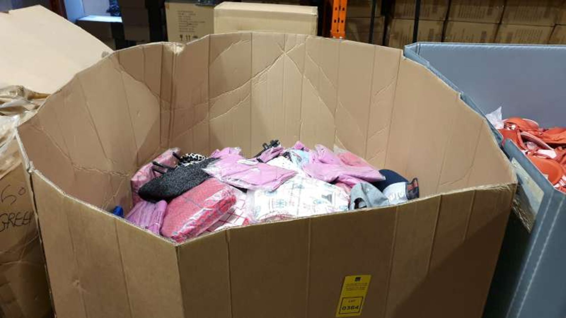 BOX PALLET OF A LARGE QUANTITY OF CLOTHING IN VARIOUS STYLES AND SIZES