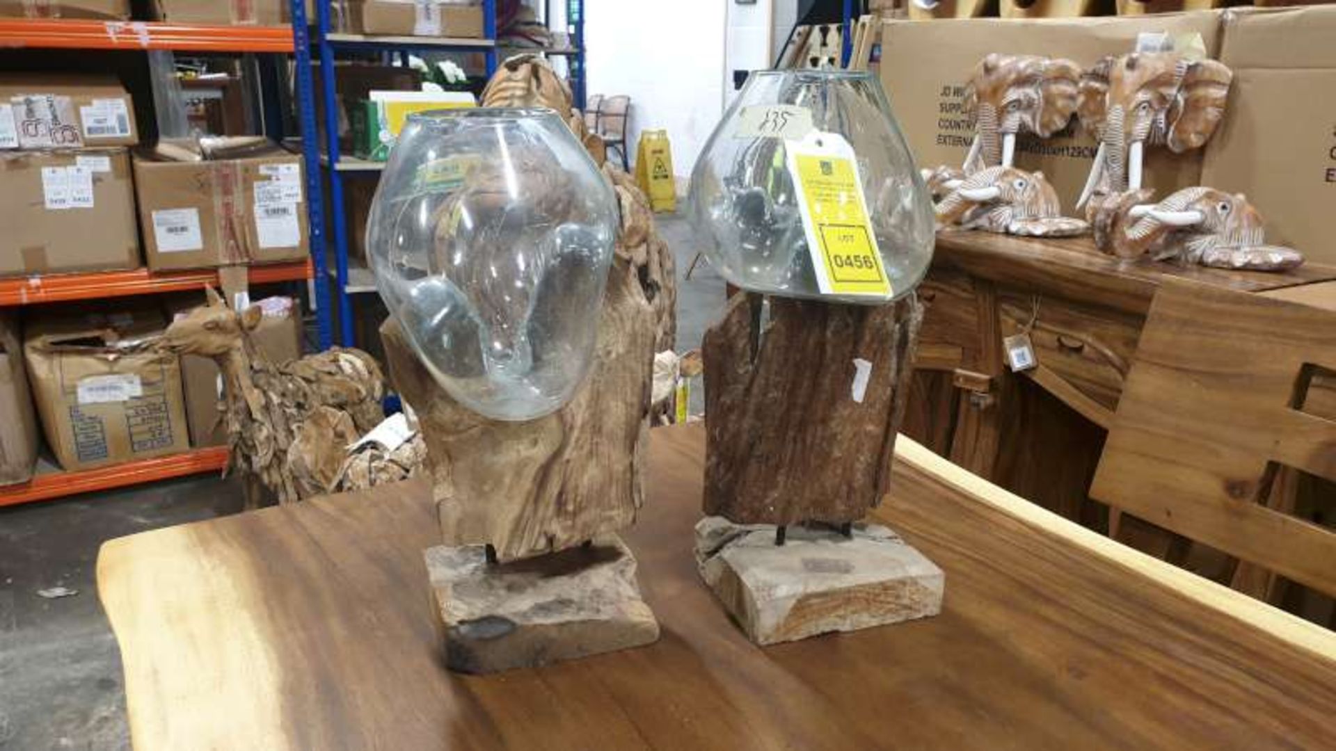 SET OF 2 X BRAND NEW SMALL TEAK ROOTS WITH GLASS BOWL 20CM X 15CM X 15CM