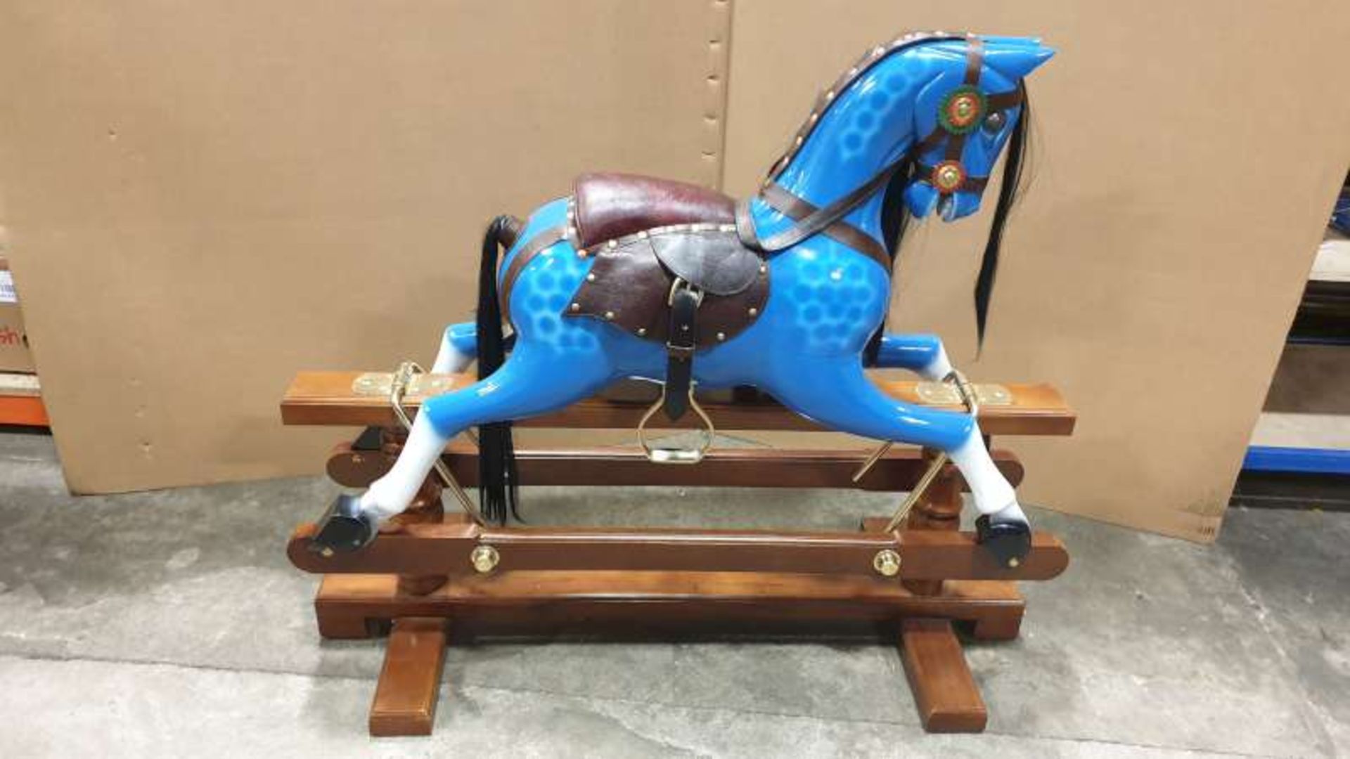 BRAND NEW SOLID MAHOGANY WOODEN BLUE ROCKING HORSE 110CM X 90CM X 45CM RRP £1000