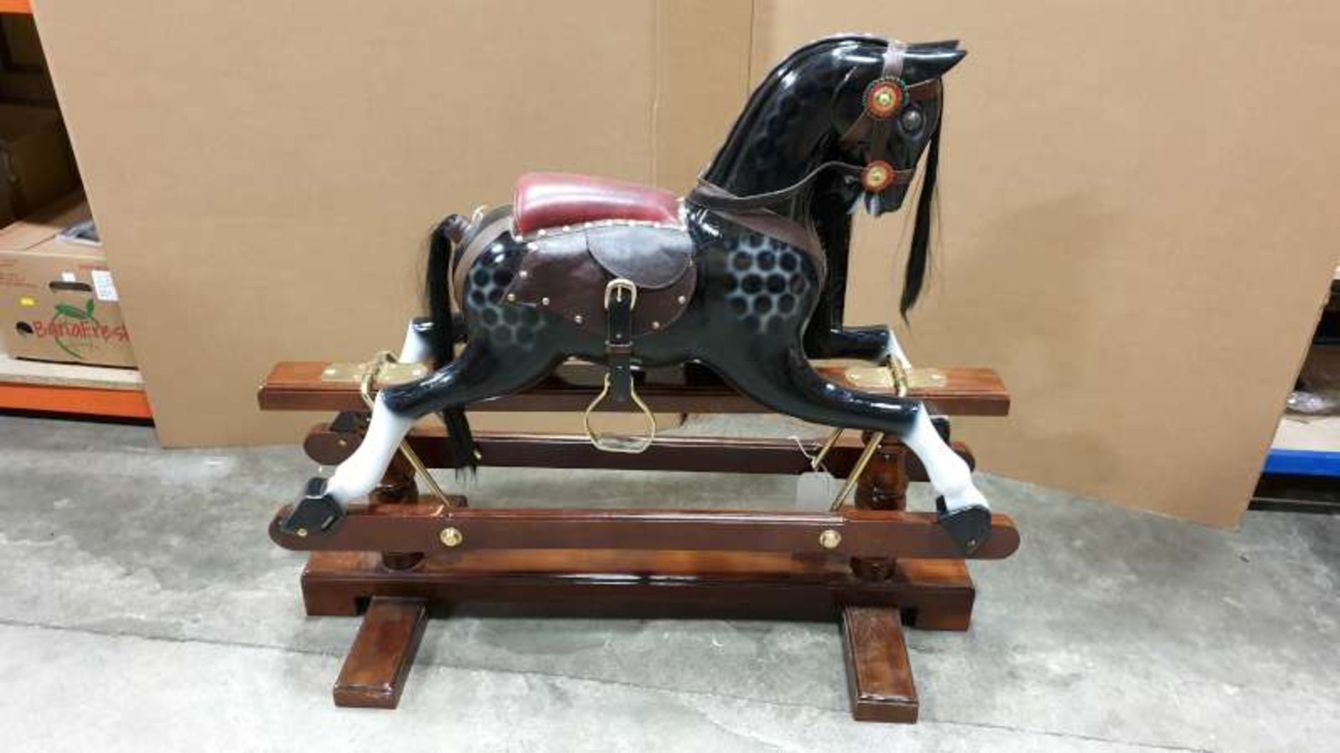 BRAND NEW SOLID MAHOGANY WOODEN BLACK ROCKING HORSE 110CM X 90CM X 45CM RRP £1000