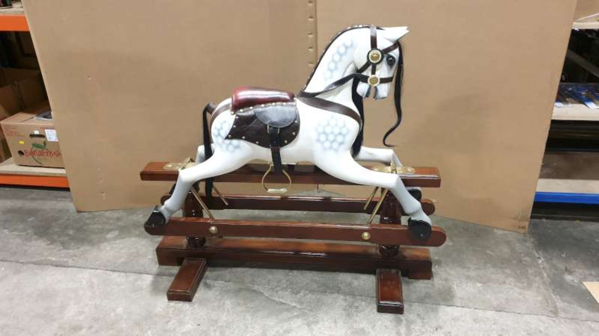 BRAND NEW SOLID MAHOGANY WOODEN WHITE ROCKING HORSE 110CM X 90CM X 45CM RRP £1000