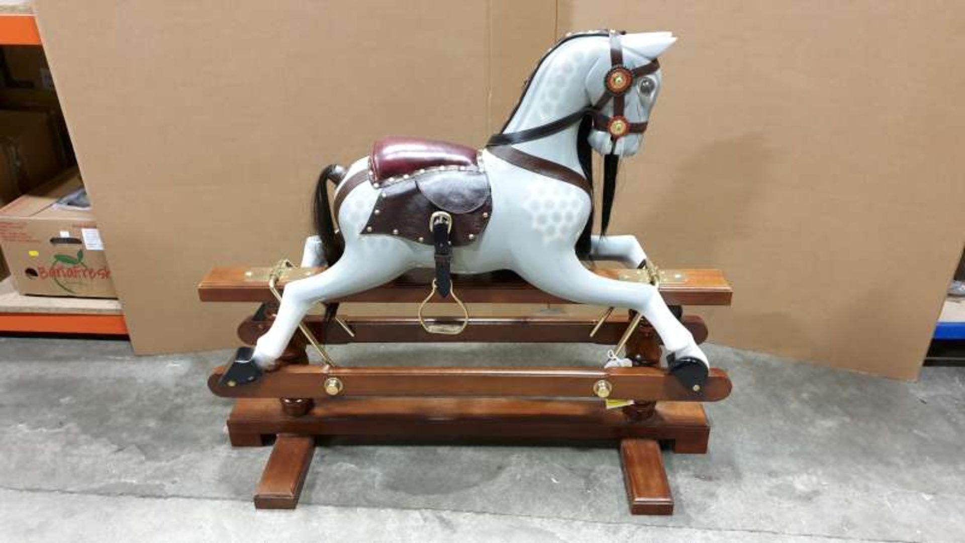 BRAND NEW SOLID MAHOGANY WOODEN GREY ROCKING HORSE 110CM X 90CM X 45CM RRP £1000