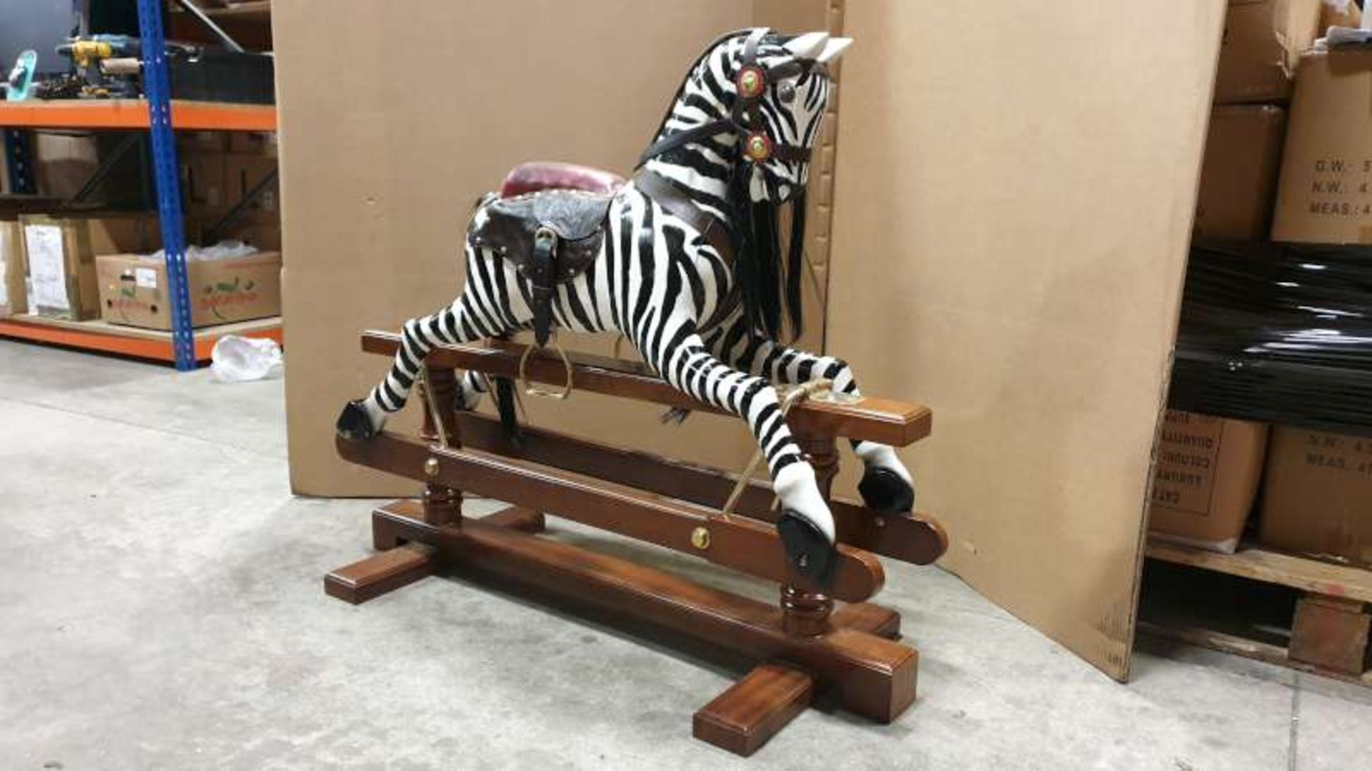 BRAND NEW SOLID MAHOGANY WOODEN BLACK & WHITE STRIPED ROCKING HORSE 110CM X 90CM X 45CM RRP £1000