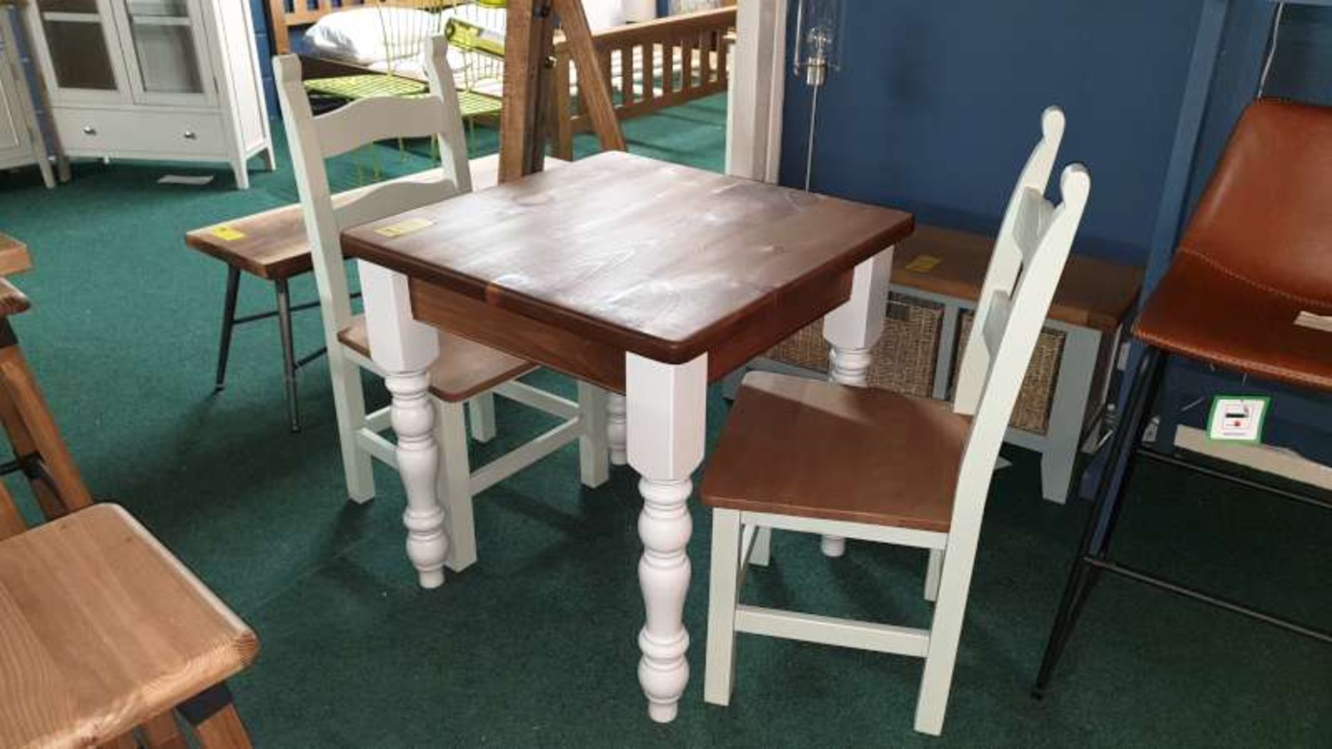 FARMHOUSE KITCHEN TABLE 76CM SQUARE WITH 2 GREEN PAINTED CHAIRS RRP £349