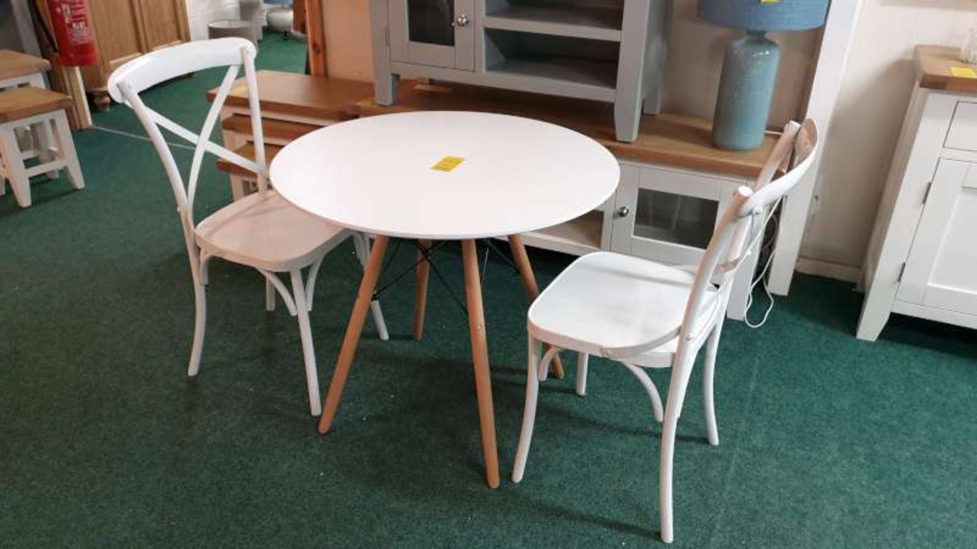 ROUND WOODEN TABLE 80CM DIA PLUS 2 METAL CHAIRS RRP £299