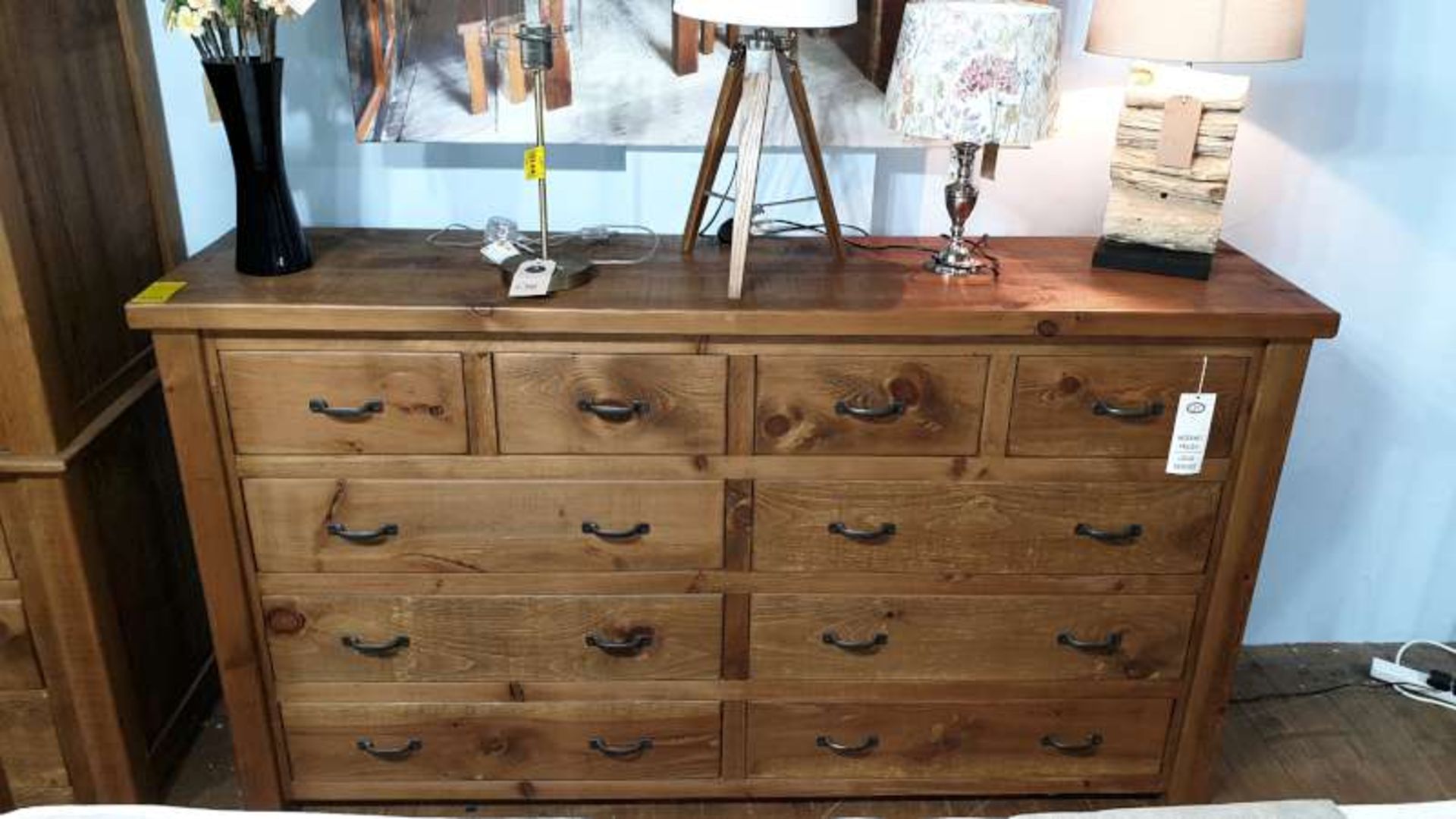 PLANK STYLE WOODEN 4 OVER 6 DRAWER CHEST SIZE L1950MM X W470MM X H1075MM RRP 999.00