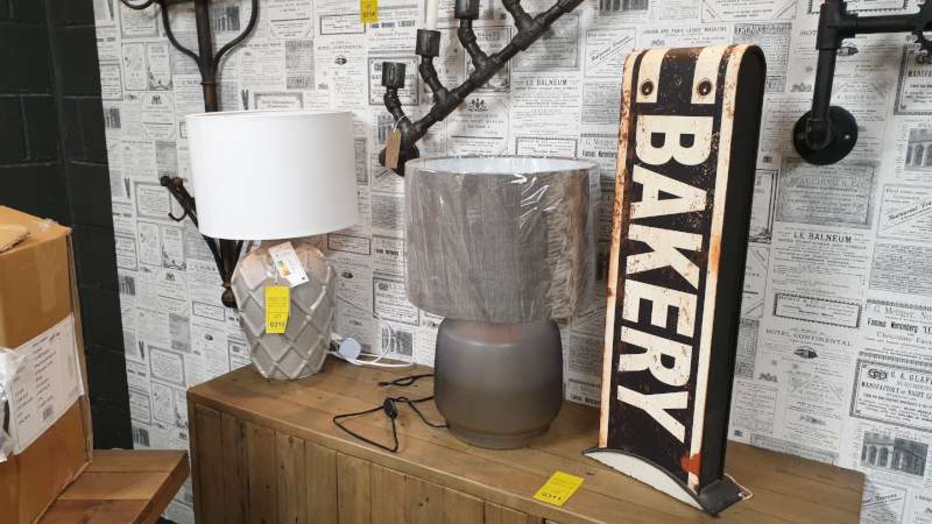 MISC LOT CONSISTING 2 X LAMPS WITH SHADES PLUS 2 METAL BAKERY SIGNS (1 ON WALL) TOTAL RRP £293