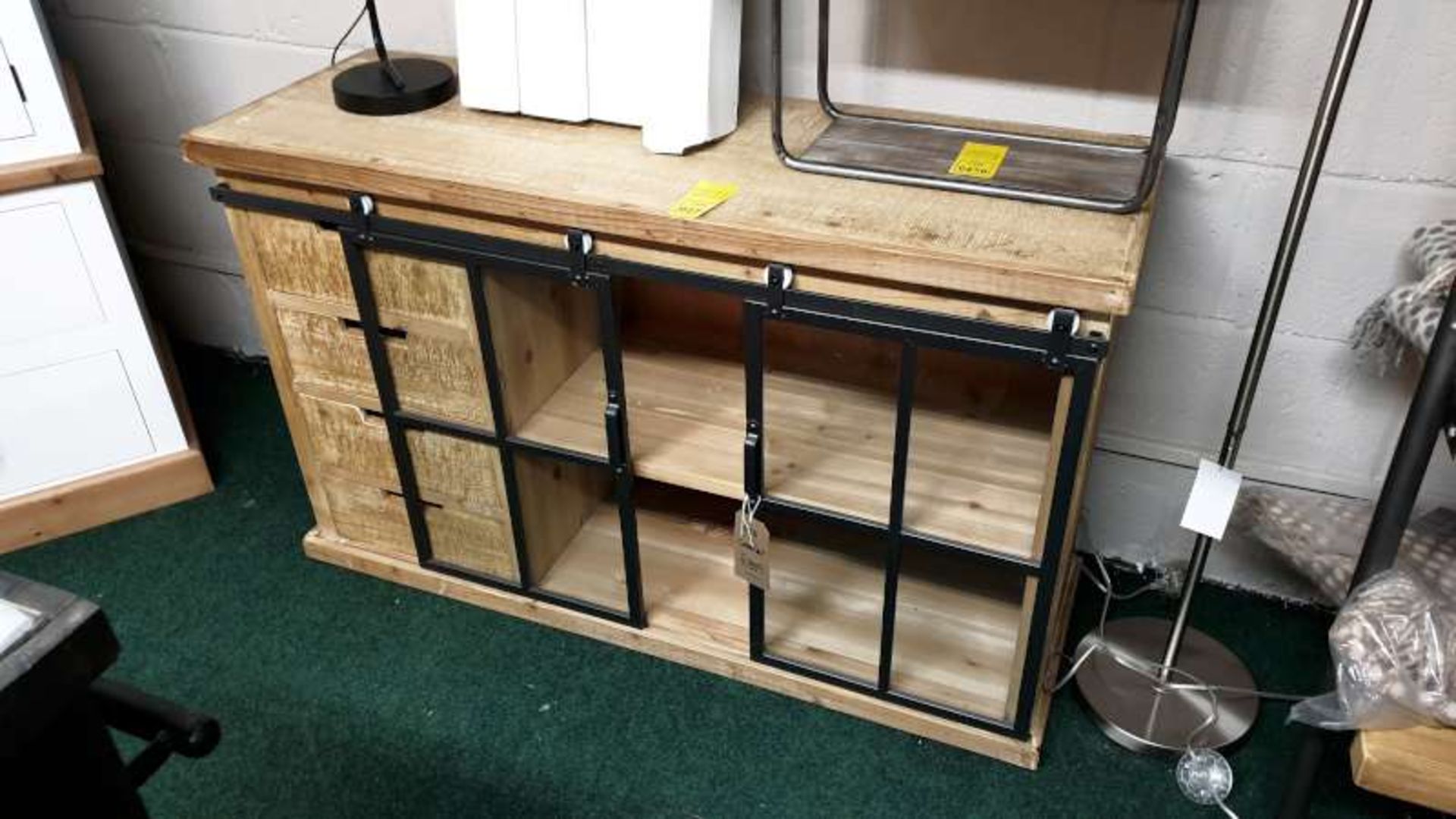 SOLID WOOD AND BLACK MATT METAL STORAGE CABINET / MEDIA UNIT WITH 4 DRAWERS AND 2 SLIDING DOORS