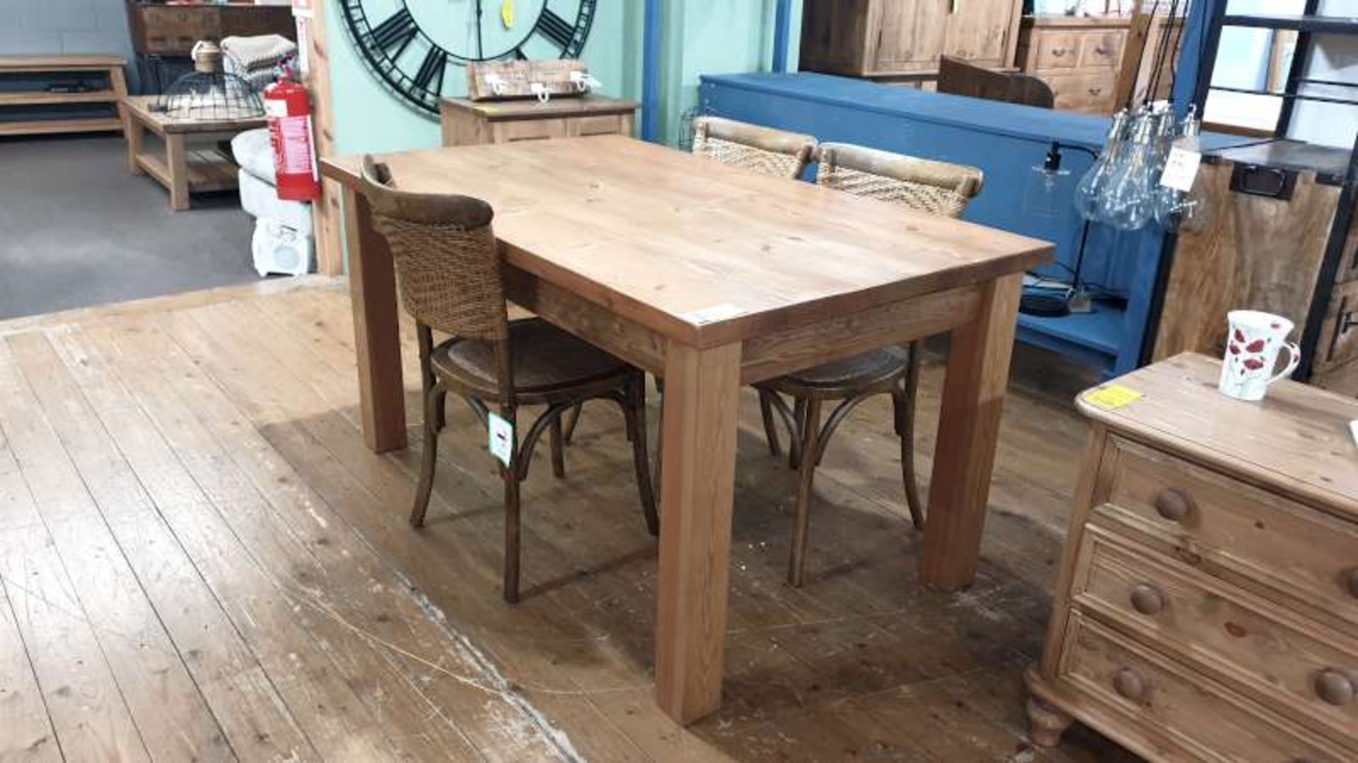 5FT X 3FT SMOOTH RECLAIMED WOOD DINING TABLE WITH 3 RATTEN CHAIRS RRP 1385.00