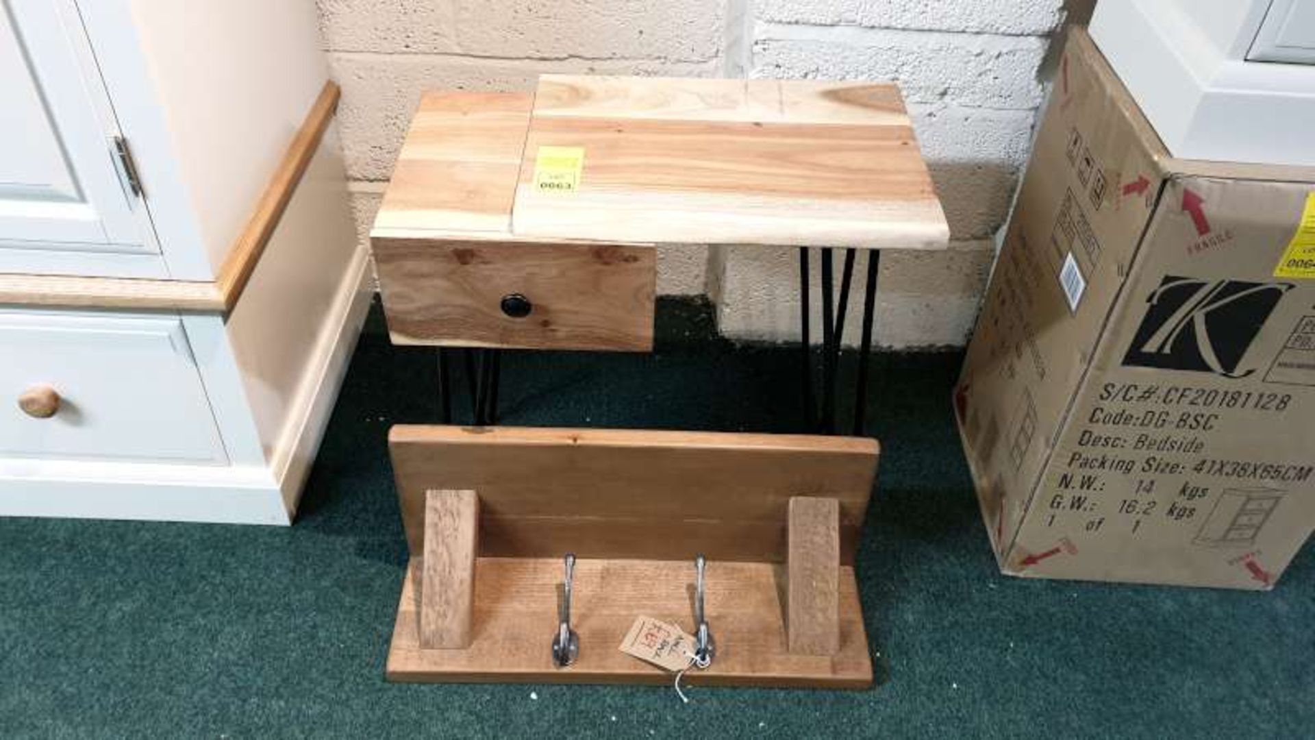 WOODEN SIDE TABLE WITH DRAWER RRP £199 PLUS A WOODEN COAT HOOK SHELF RRP £69