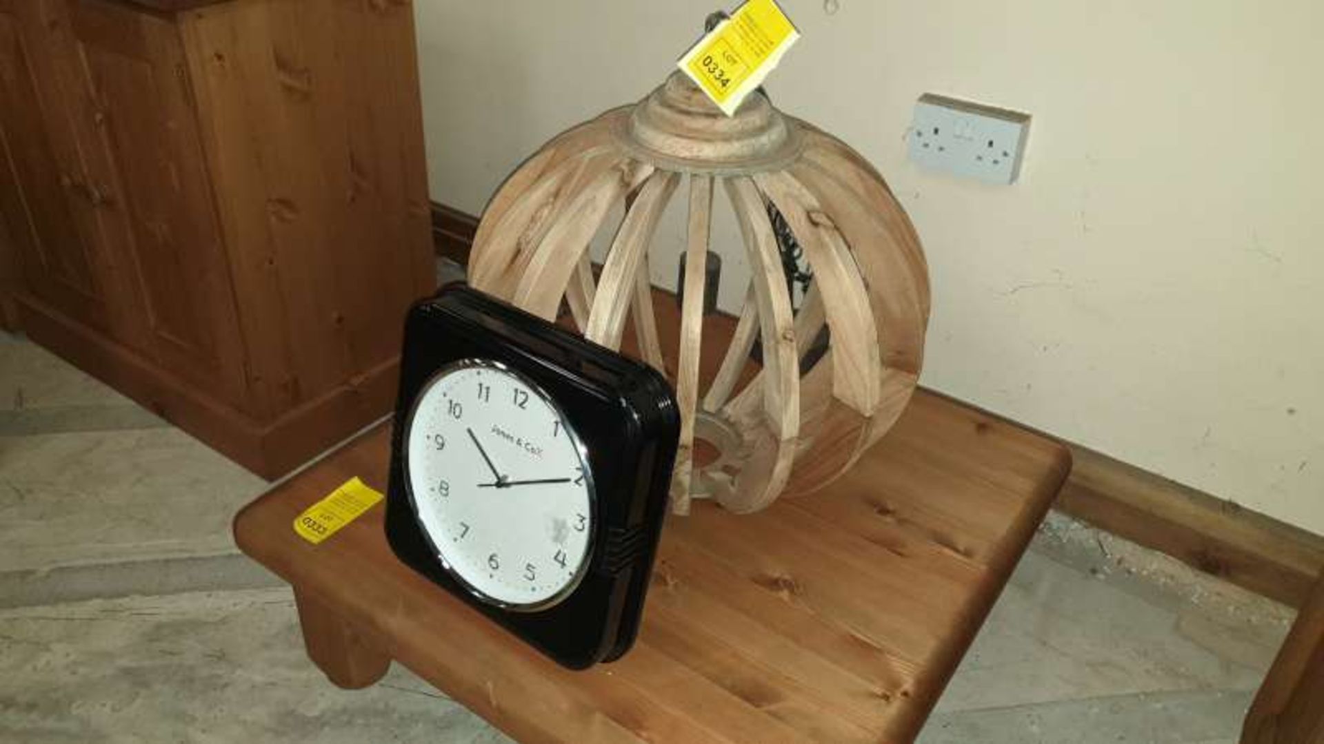 LARGE WOODEN BALL HANGING LIGHT RRP £227 PLUS A BLACK WALL CLOCK