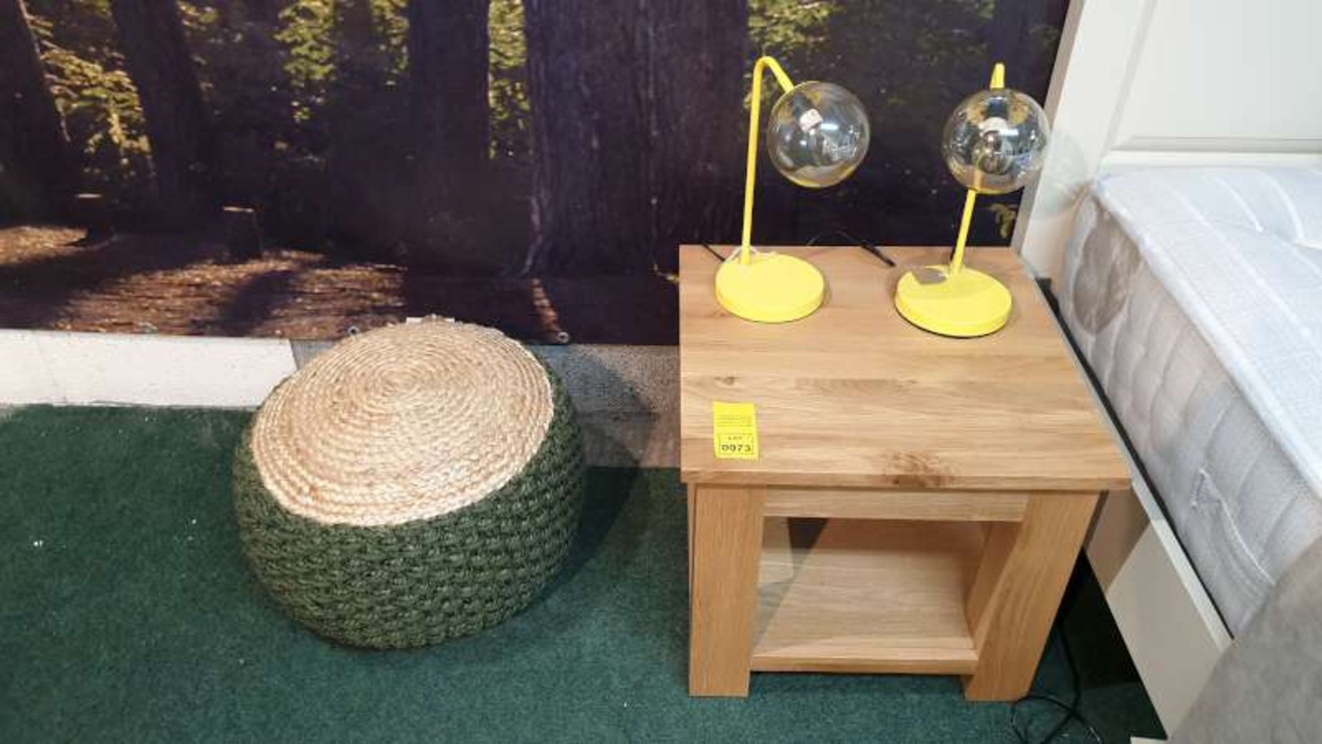 WOODEN SIDE TABLE 50 X 50 X 45CM HIGH WITH 2 YELLOW TABLE LAMPS TOTAL RRP £219