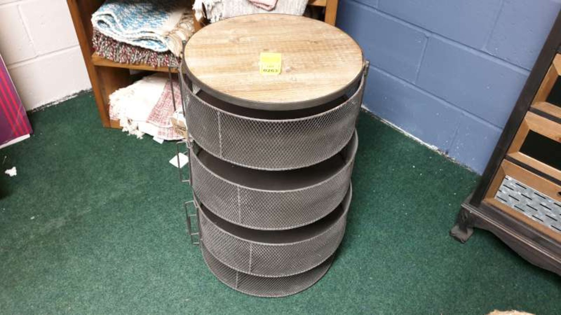 MESHED METAL AND WOODEN TOPPED CIRCULAR STORAGE UNIT RRP £123