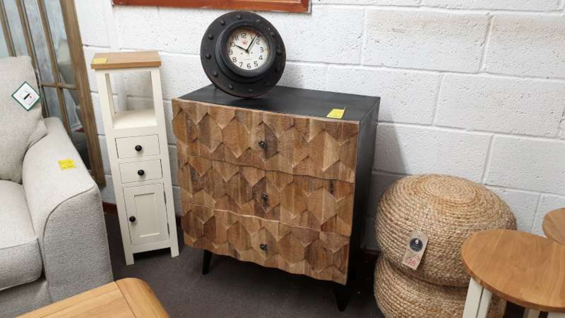 LOT CONTAINING INDUSTRIAL 3 DRAWER CHEST AND A CLOCK RRP 350.00