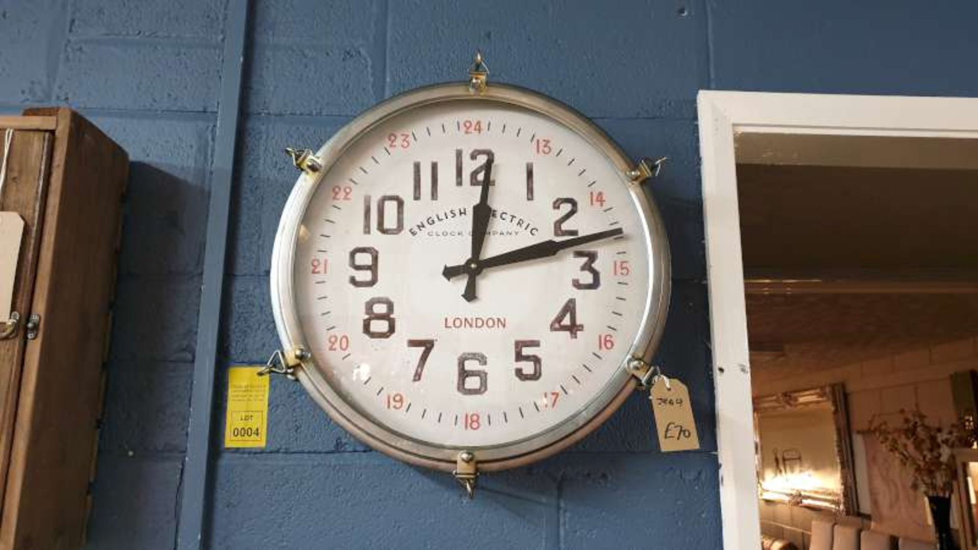 BRUSHED METAL CLOCK 50CM DIA RRP £70 PLUS A CRATE CABINET RRP £69