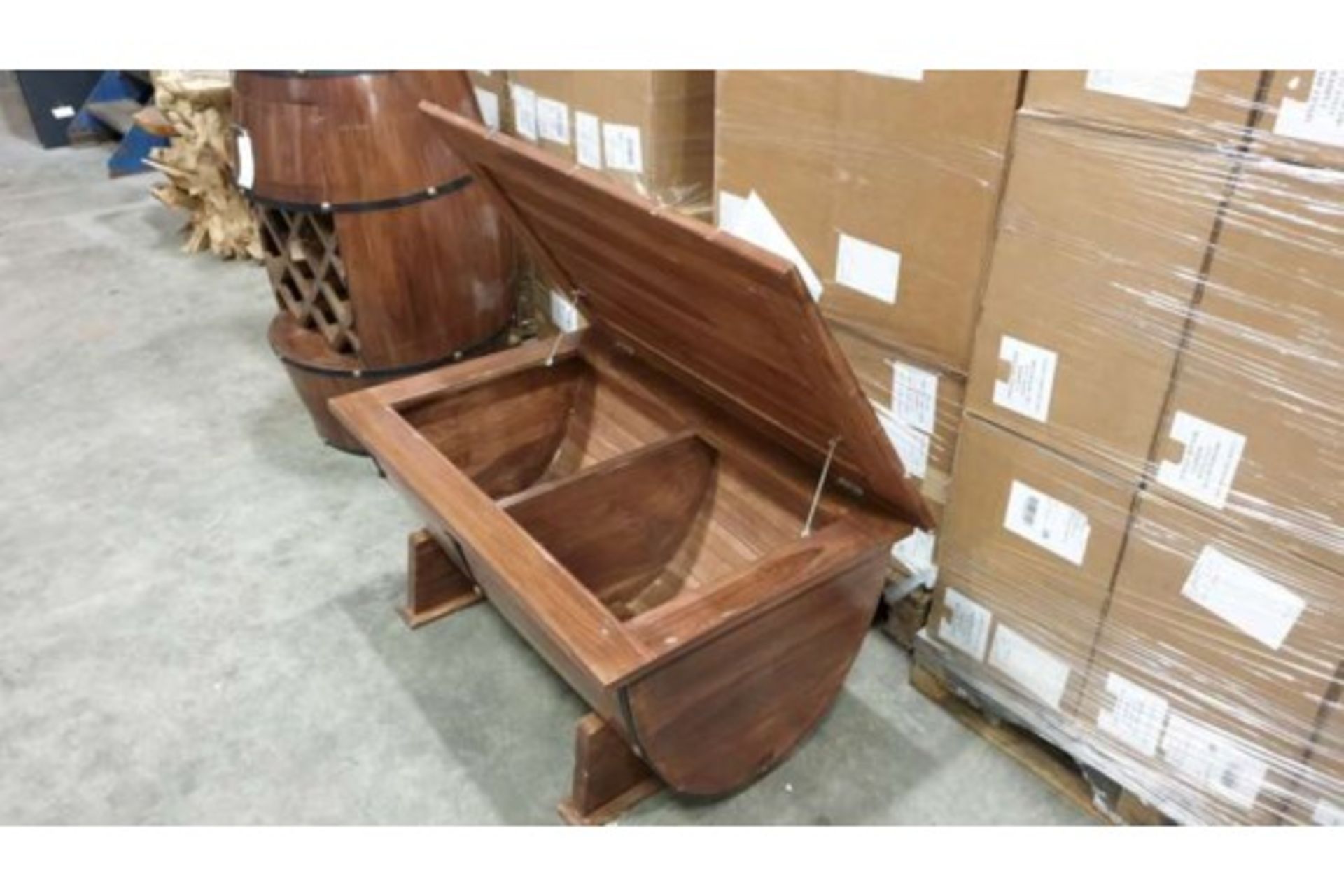 BRAND NEW SOLID TEAK WOODEN WINE BARREL COFFEE TABLE WITH HIDDEN STORAGE SIZE 110CM X 70CM X 65 CM