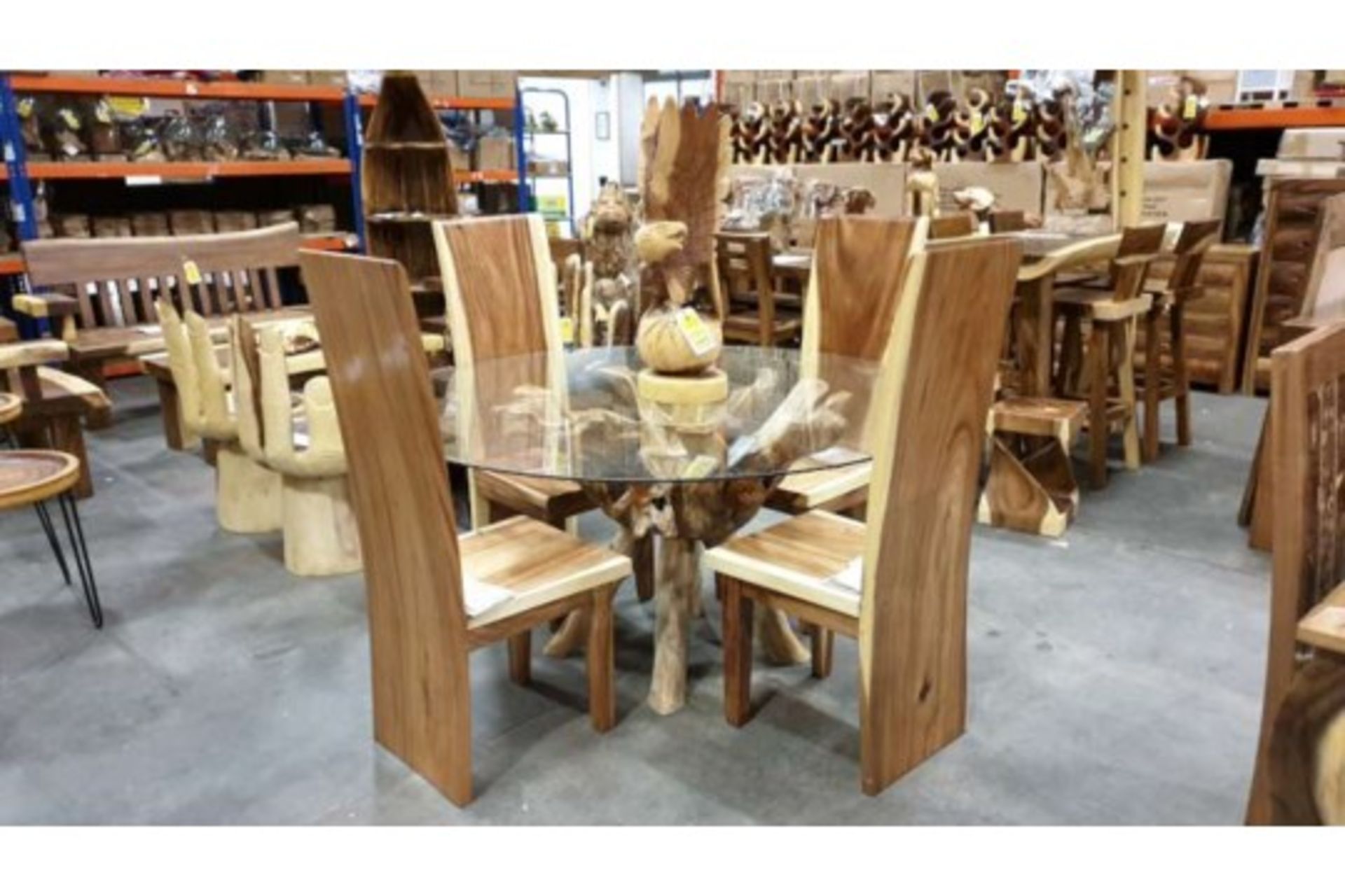 BRAND NEW TEAK ROOT GLASS TOP DINING TABLE WITH 4 SUAR WOODEN CHAIRS DIAMETER 150CM RRP £1795