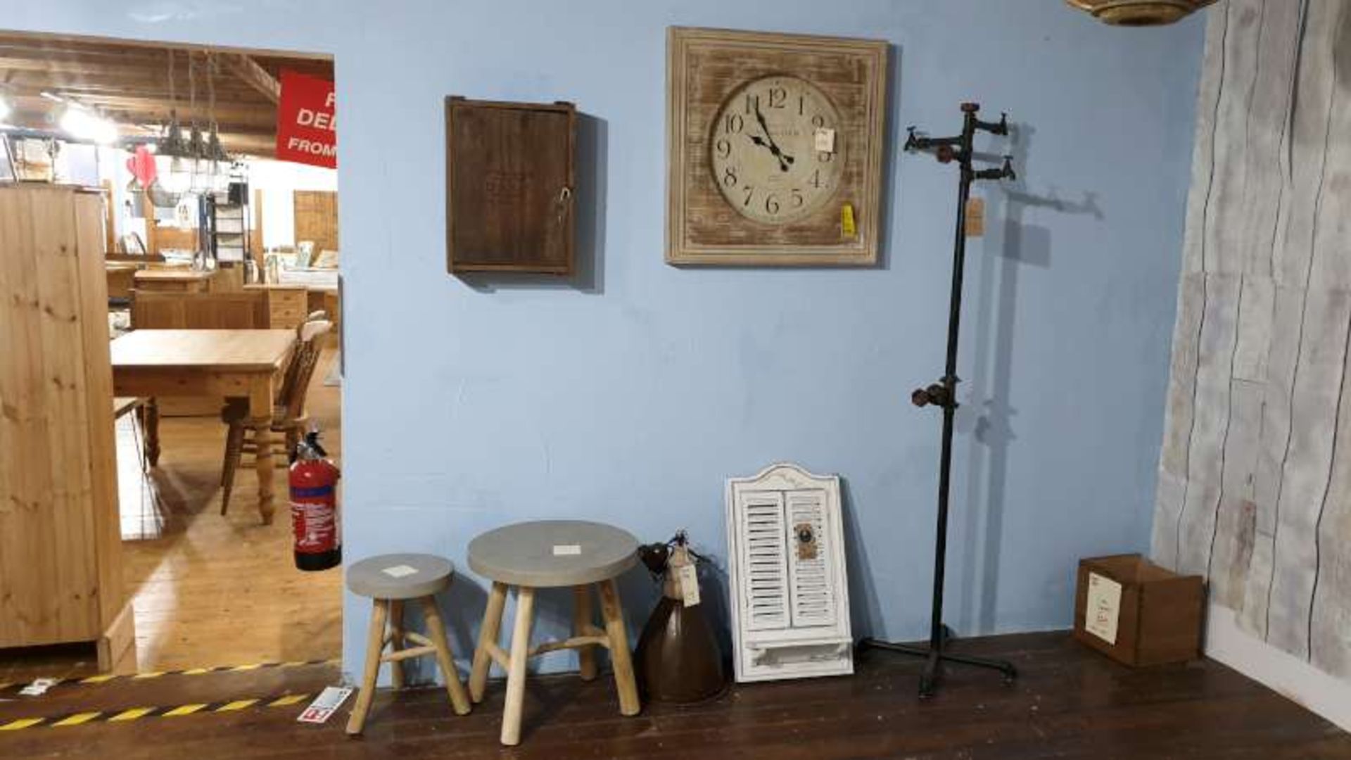 LOT CONTAINING CLOCK, CEILING LIGHT, TABLE AND STOOL, SHUTTER MIRROR, CRATE CABINET, COAT STAND