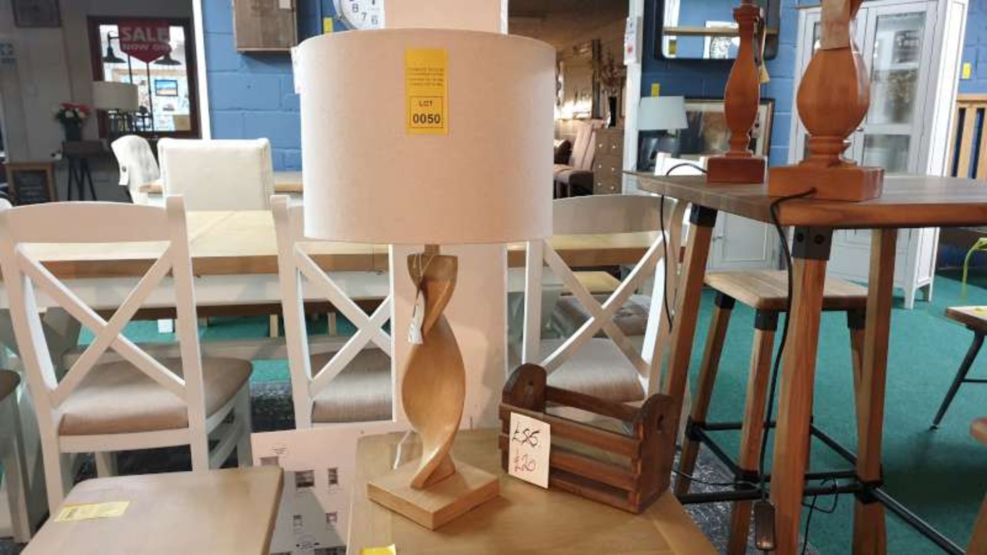 ATKINS WOODEN BASE LAMP WITH BEIGE SHADE RRP £129 AND A WOODEN LETTER RACK