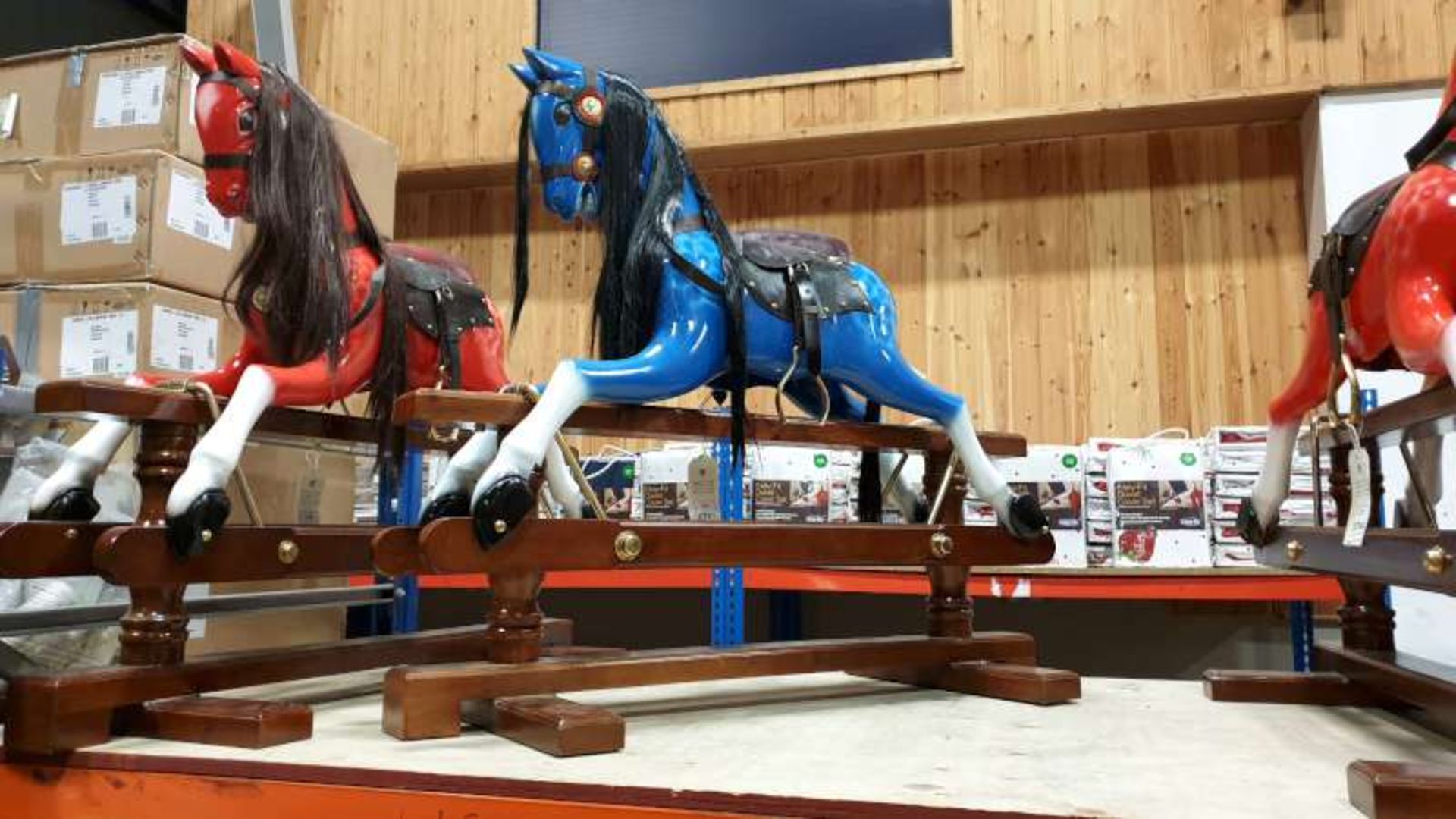 BRAND NEW SOLID MAHOGANY WOODEN BLUE ROCKING HORSE 110CM X 90CM X 45CM RRP £1000