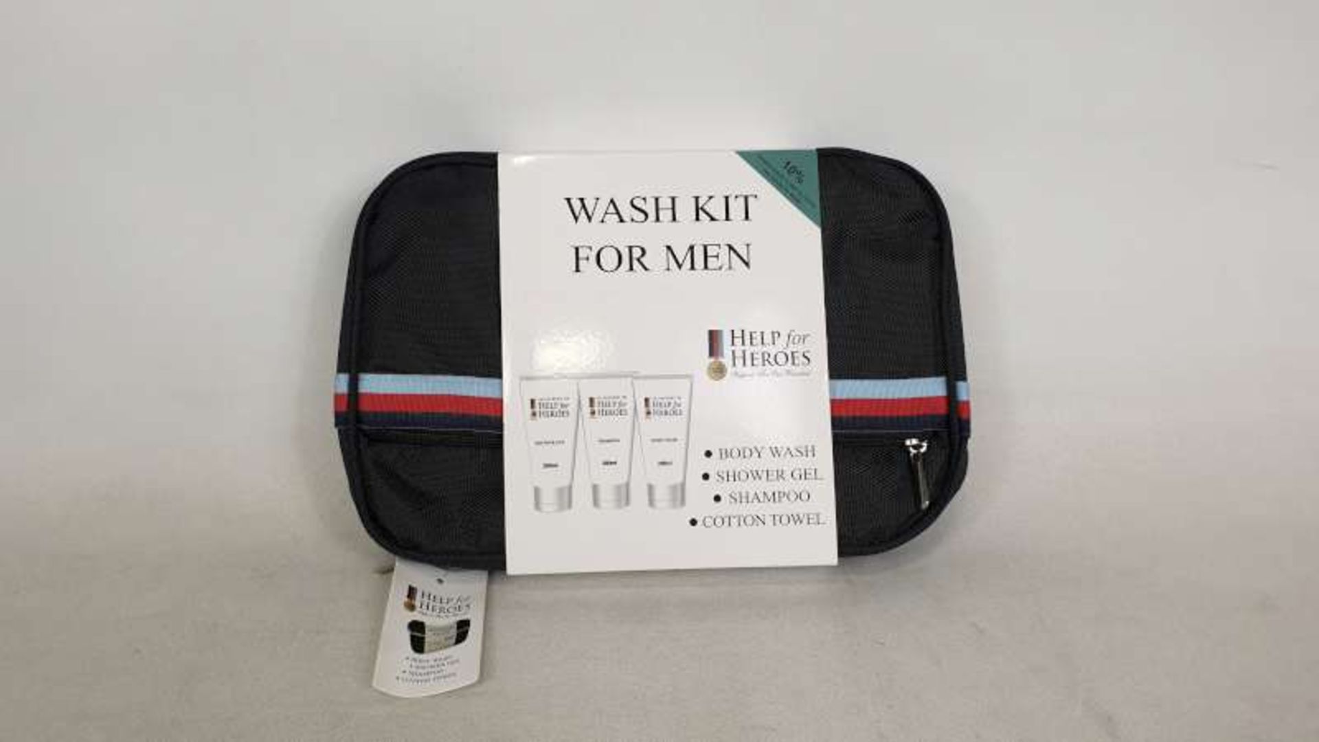 24 X HELP FOR HEROES WASH KITS FOR MEN, EACH WASH KIT CONTAINS BODYWASH, SHOWER GEL, SHAMPOO, COTTON