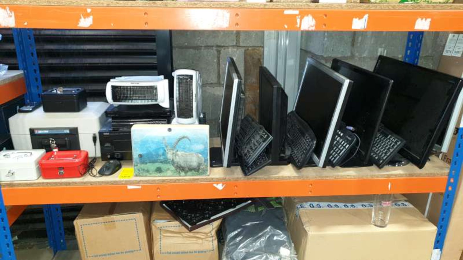 LOT CONTAINING FLATSCREEN MONITORS, COMPUTER KEYBOARDS, HEATERS, CASH BOXES, AMPLIFIER