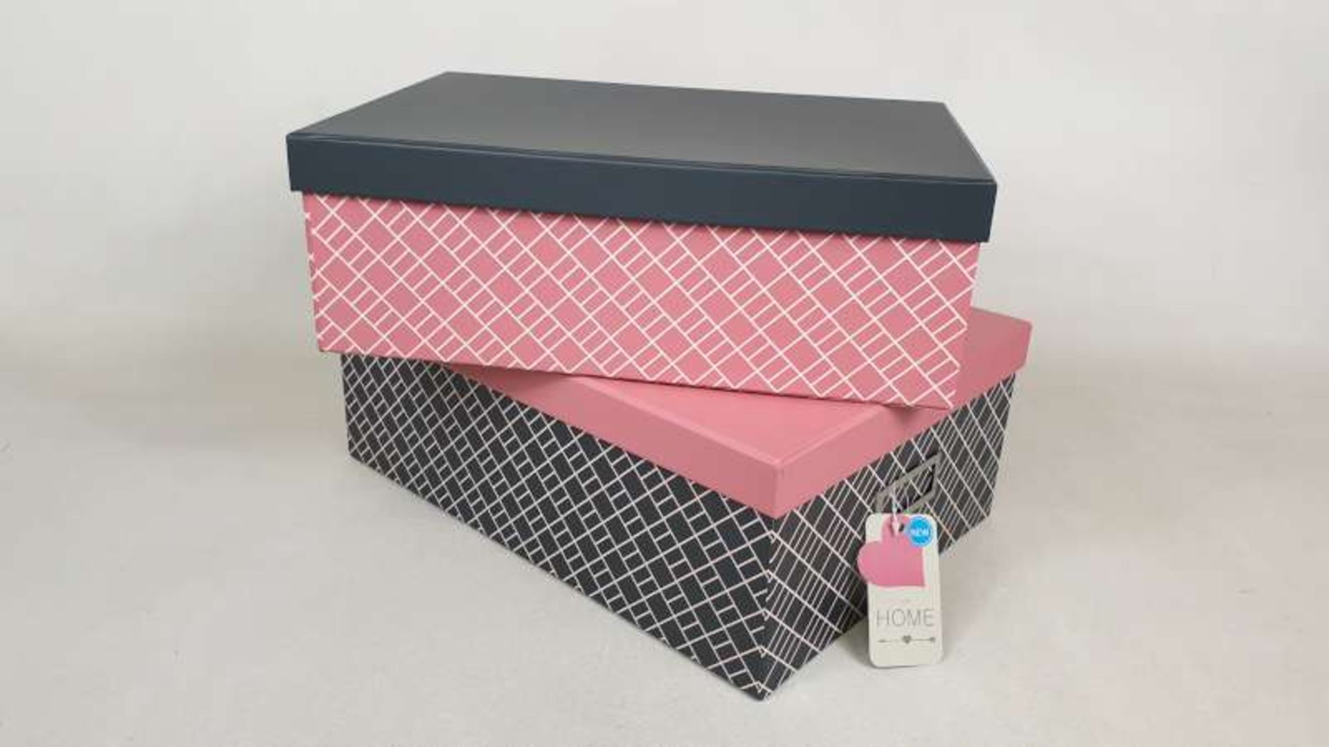 24 X BRAND NEW BOXED SET OF 2 PINK NEO PINK AND GREY STORAGE BOXES IN 3 BOXES