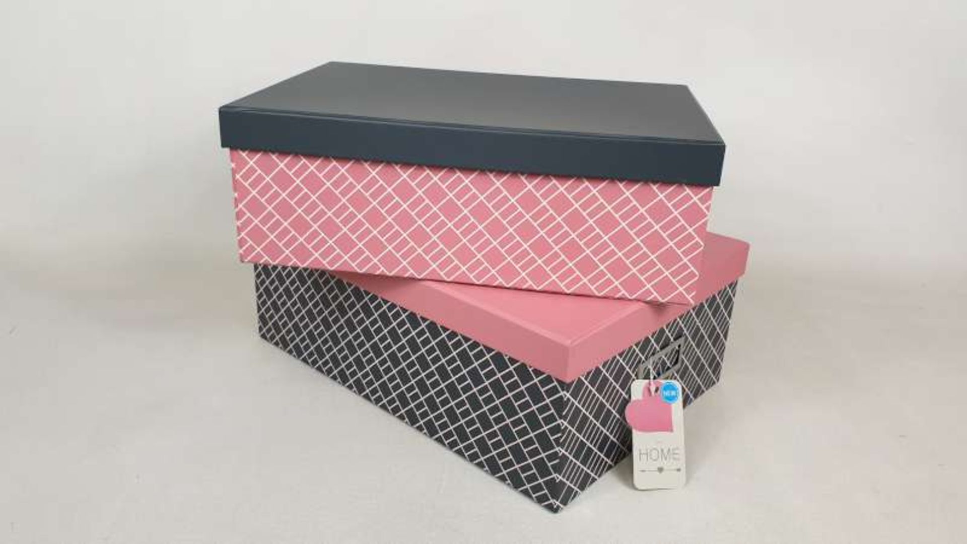 24 X BRAND NEW BOXED SET OF 2 PINK NEO PINK AND GREY STORAGE BOXES IN 3 BOXES